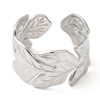 304 Stainless Steel Open Cuff Rings, Leaf, Stainless Steel Color, US Size 6 3/4(17.1mm)