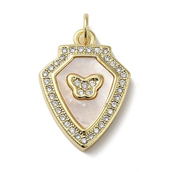 Brass Micro Pave Cubic Zirconia Pendants, with Shell, Butterfly, Real 18K Gold Plated, 22x15x3.5mm, Hole: 3.4mm