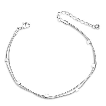 SHEGRACE Titanium Steel Multi-Strand Anklets, with Snake Chains and Cube Beads, Platinum, 7-7/8 inch(20cm)