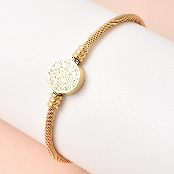 Twisted 304 Stainless Steel Cuff Bangles for Women, Flat Round with Saint Benedict, Real 18K Gold Plated, Inner Diameter: 2.36 inch(6cm)