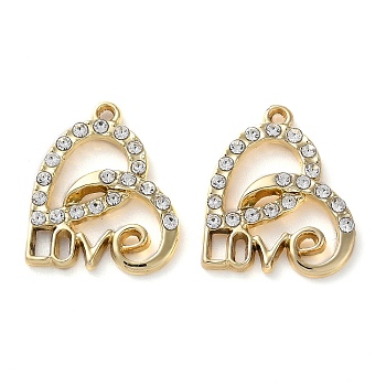 Alloy Rhinestone Pendants, Heart with Love Charms, Golden, 18.5x15x3mm, Hole: 1.2mm