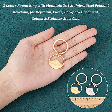 2Pcs 2 Colors Round Ring with Mountain 304 Stainless Steel Pendant Keychain(KEYC-UN0001-15)-4
