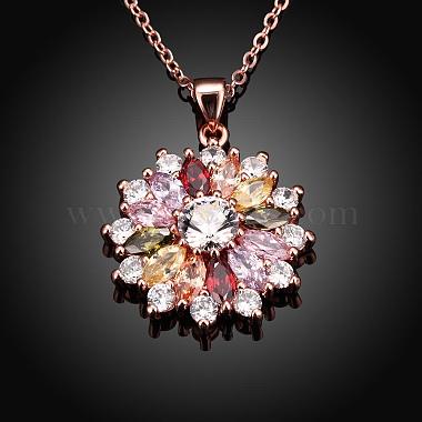 Real Rose Gold Plated Brass Cubic Zirconia Flower Pendant Necklaces(NJEW-BB04540)-2