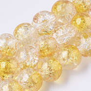 Transparent Spray Painted Crackle Glass Bead Strands, with Golden Foil, Round, Gold, 10~11mm, Hole: 1.4~1.6mm, about 39~42pcs/Strand, 14.84 inch~15.27 inch(37.7~38.8cm)(GLAA-N035-03D-A08)