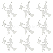 10Pcs Halloween Ion Plating(IP) 201 Stainless Steel Pendants, Laser Cut, Witch with Cat, Stainless Steel Color, 39.5x35x1mm, Hole: 2mm(STAS-SC0005-14)