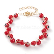 Handmade Evil Eye Lampwork  Beaded Bracelets, with Brass Cable Chains and Spring Ring Clasps, Round, Golden, Dark Red, 7 inch(17.7cm)(BJEW-JB05856-01)