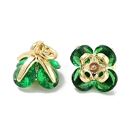 Brass Micro Pave Cubic Zirconia Charms, with Jump Ring, Flower, Real 18K Gold Plated, Green, 7.5x7.5x7.5mm, Hole: 1.8mm(KK-C051-14G-01)