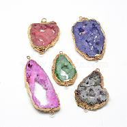Natural Druzy Agate Links connectors, with Brass Findings, Dyed, Nuggets, Golden, Mixed Color, 40~70x25~50x6~12mm, Hole: 1.5~3mm(G-Q494-08)