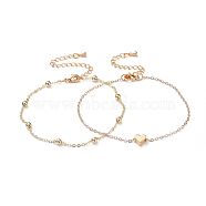 Bracelets Sets, with Brass Cable Chains and Extension Chains, Heart/Round, Golden, 7-5/8 inch(19.3cm), 7-1/2 inch(19.2cm), 2pcs/set(BJEW-JB04532)