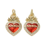 Brass Micro Pave Clear Cubic Zirconia Pendants, with Enamel, Sacred Heart, Real 16K Gold Plated, 18.5x12.5x2.5mm(KK-H466-05G-04)