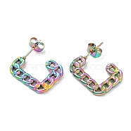 Ion Plating(IP) 304 Stainless Steel Chain Shape Stud Earrings, Rectangle Half Hoop Earrings for Women, Rainbow Color, 19x15x2mm, Pin: 0.7mm(EJEW-F283-03MC)