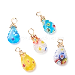 20Pcs Handmade Millefiori Glass Pendants, Teardrop, with Light Golden Copper Wire Wrapped, Mixed Color, 17x7~8x3.5mm, Hole: 2.5mm(PALLOY-JF01290-S)