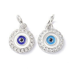 Brass Cubic Zirconia Enamel Charms, with Jump Ring, Long-Lasting Plated, Lead Free & Cadmium Free, Flat Round with Evil Eye, Mixed Color, 10.7x8.7x2mm(ZIRC-C022-34P)