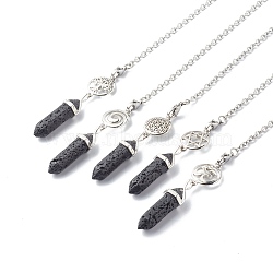 Natural Lava Rock Pointed Dowsing Pendulums, with Brass Filigree Round Ball and 304 Stainless Steel Lobster Claw Clasps, Hexagonal, 230mm, Hole: 3mm(PALLOY-JF00819-02)