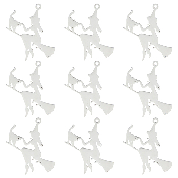10Pcs Halloween Ion Plating(IP) 201 Stainless Steel Pendants, Laser Cut, Witch with Cat, Stainless Steel Color, 39.5x35x1mm, Hole: 2mm
