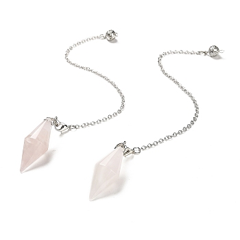 Natural Rose Quartz Pointed Dowsing Pendulums, Bullet Charm, with Rack Plating Brass Chain & Lobster Claw Clasps, Lead Free & Cadmium Free, 226~230mm, Hole: 2.5mm