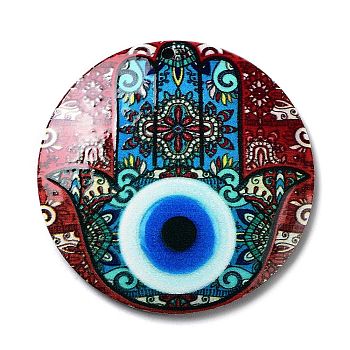 Opaque Acrylic Pendants, Flat Round with Hamsa Hand & Evil Eye, Dark Red, 42.5x2mm, Hole: 1.5mm