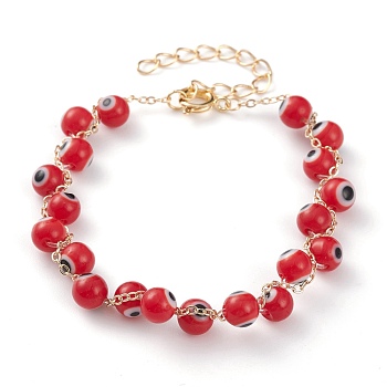 Handmade Evil Eye Lampwork  Beaded Bracelets, with Brass Cable Chains and Spring Ring Clasps, Round, Golden, Dark Red, 7 inch(17.7cm)
