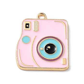 Alloy Enamel Pendants, Light Gold, Camera Charm, Pink, 22x18x1.5mm, Hole: 1.6mm