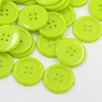 Acrylic Sewing Buttons, Plastic Shirt Buttons for Costume Design, 4-Hole, Dyed, Flat Round, Yellow Green, 25x3mm, Hole: 2mm