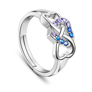 SHEGRACE Perfect Design 925 Sterling Silver Finger Ring, Heart in Infinity with Half Violet AAA Cubic Zirconia and Half Blue AAA Cubic Zirconia, Platinum, 17mm