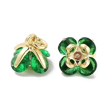 Brass Micro Pave Cubic Zirconia Charms, with Jump Ring, Flower, Real 18K Gold Plated, Green, 7.5x7.5x7.5mm, Hole: 1.8mm