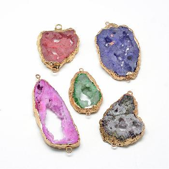Natural Druzy Agate Links connectors, with Brass Findings, Dyed, Nuggets, Golden, Mixed Color, 40~70x25~50x6~12mm, Hole: 1.5~3mm