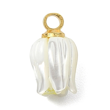 Natural Trochid Shell/Trochus Shell Carved Pendants, Flower Charms with Brass Peg Bails, White, Golden, 10x6mm, Hole: 1.6mm