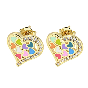 Heart Real 18K Gold Plated Brass Stud Earrings, with Enamel and Cubic Zirconia, Colorful, 13.5x12.5mm