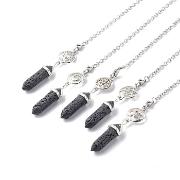 Natural Lava Rock Pointed Dowsing Pendulums, with Brass Filigree Round Ball and 304 Stainless Steel Lobster Claw Clasps, Hexagonal, 230mm, Hole: 3mm
