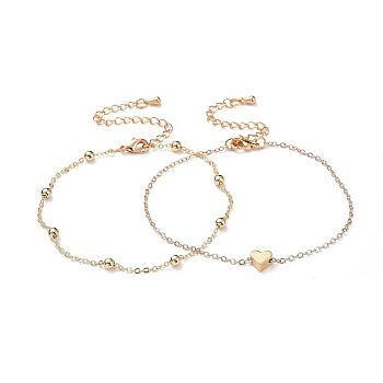 Bracelets Sets, with Brass Cable Chains and Extension Chains, Heart/Round, Golden, 7-5/8 inch(19.3cm), 7-1/2 inch(19.2cm), 2pcs/set