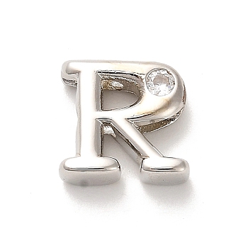 Rack Plating Brass Cubic Zirconia Beads, Long-Lasting Plated, Lead Free & Cadmium Free, Alphabet, Letter R, 12x13x4.8mm, Hole: 2.7mm