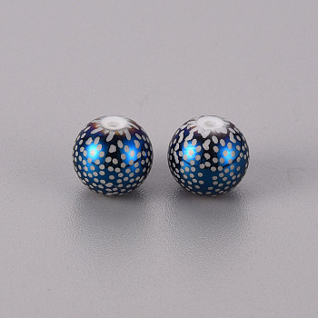 Electroplate Glass Beads, Round with Pattern, Blue Plated, 10mm, Hole: 1.2mm