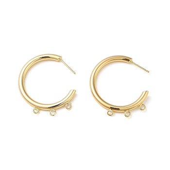 Ring Brass Stud Earring Finding, Half Hoop Earring Finding with Loops, Real 18K Gold Plated, 30x33x3mm, Hole: 1.8mm, Pin: 10x0.8mm