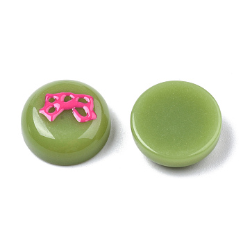 Opaque Resin Enamel Cabochons, Flat Round with Deep Pink Bowknot, Yellow Green, 14.5x5.5mm