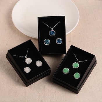 Druzy Resin Pendant Necklaces & Stud Earrings Jewelry Sets, with Rhinestone and Cardboard Jewelry Boxes, Flat Round, Mixed Color, 18.1 inch, 16x5mm, Pin: 0.7mm