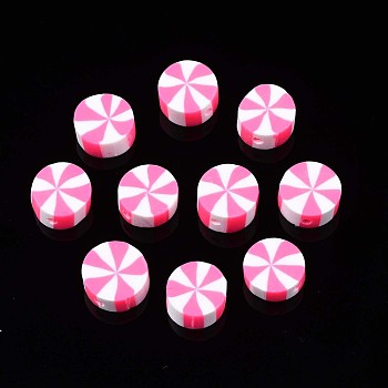 Handmade Polymer Clay Beads, Flat Round, Hot Pink, 9~10x4mm, Hole: 1.6mm