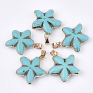 Electroplate Synthetic Turquoise Pendants, with Iron Findings, Dyed, Flower, Golden, 27~30x26~29x9~10mm, Hole: 4.5x6mm(G-S344-78)