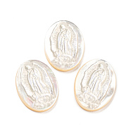 Religion Natural Sea Shell Cabochons, Oval with Engrave Virgin Mary, White, 19x14.5x2.8~3mm(SHEL-D079-21)