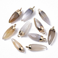 Top Golden Plated Natural Grey Agate Pointed Pendants, with Iron Loops, Faceted, Bullet, 25~26x7~8mm, Hole: 1.8mm(G-S359-078C)
