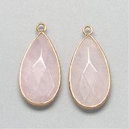 Natural Rose Quartz Pendants, with Golden Tone Brass Findings, Faceted, teardrop, Pink, 32.5~33x16x6mm, Hole: 2.5mm(G-S221-14G)
