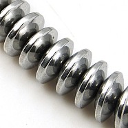 Non-magnetic Synthetic Hematite Beads Strands, Flat Round, Silver Plated, 8x3mm, Hole: 1mm, about 121pcs/strand, 15.5 inch(X-G-E165-2C)