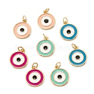 Brass Enamel Pendants, Long-Lasting Plated, Real 18K Gold Plated, Flat Round with Eye, Mixed Color, 14x11.5x1.5mm, Hole: 2.6mm(KK-P204-12G)
