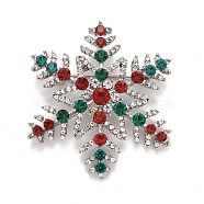 Colorful Rhinestone Snowflake Brooch for Christmas, Alloy Badge for Backpack Clothes, Platinum, 48x44x9.5mm(JEWB-A004-04P)