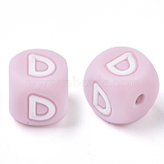 Food Grade Eco-Friendly Silicone Beads, Horizontal Hole, Chewing Beads For Teethers, DIY Nursing Necklaces Making, Letter Style, Cube, Pink, Letter.D, 10x10x10mm, Hole: 2mm(SIL-R011-10mm-04D)