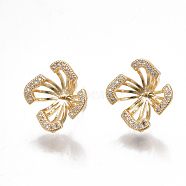 Brass Stud Earring Findings, For Half Drilled Beads, with Loop, Cubic Zirconia, Nickel Free, Real 18K Gold Plated, Flower, Clear 15x15mm, Hole: 1mm, Pin: 0.8mm(KK-T038-469G)