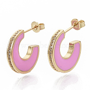 Brass Micro Pave Cubic Zirconia Crescent Moon Stud Earrings, Half Hoop Earrings, with Enamel and Ear Nuts, Letter C, Real 18K Gold Plated, Pearl Pink, 21x17x3mm, Pin: 1mm(EJEW-N011-01E)