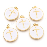 Brass Enamel Pendants, Long-Lasting Plated, Real 18K Gold Plated, with Jump Rings, Flat Round with cross, White, 17.5x15x2mm, Hole: 2.5mm(KK-B027-02G-B)