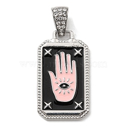 Rack Plating Alloy Enamel Pendants with Crystal Rhinestone Pendants, Rectangle Charms with Palm, Long-Lasting Plated, Lead Free & Cadmium Free, Platinum, Black, 36x20.5x2.5mm, Hole: 9.5x5.3mm(PALLOY-K010-35P-03)