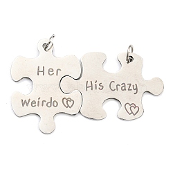 304 Stainless Steel Split Big Pendants, Couples Pendants, Puzzle with Word Her Weirdo & His Crazy Charm, Stainless Steel Color, 33.5x52x1mm, Hole: 4.6mm(STAS-B048-02P)